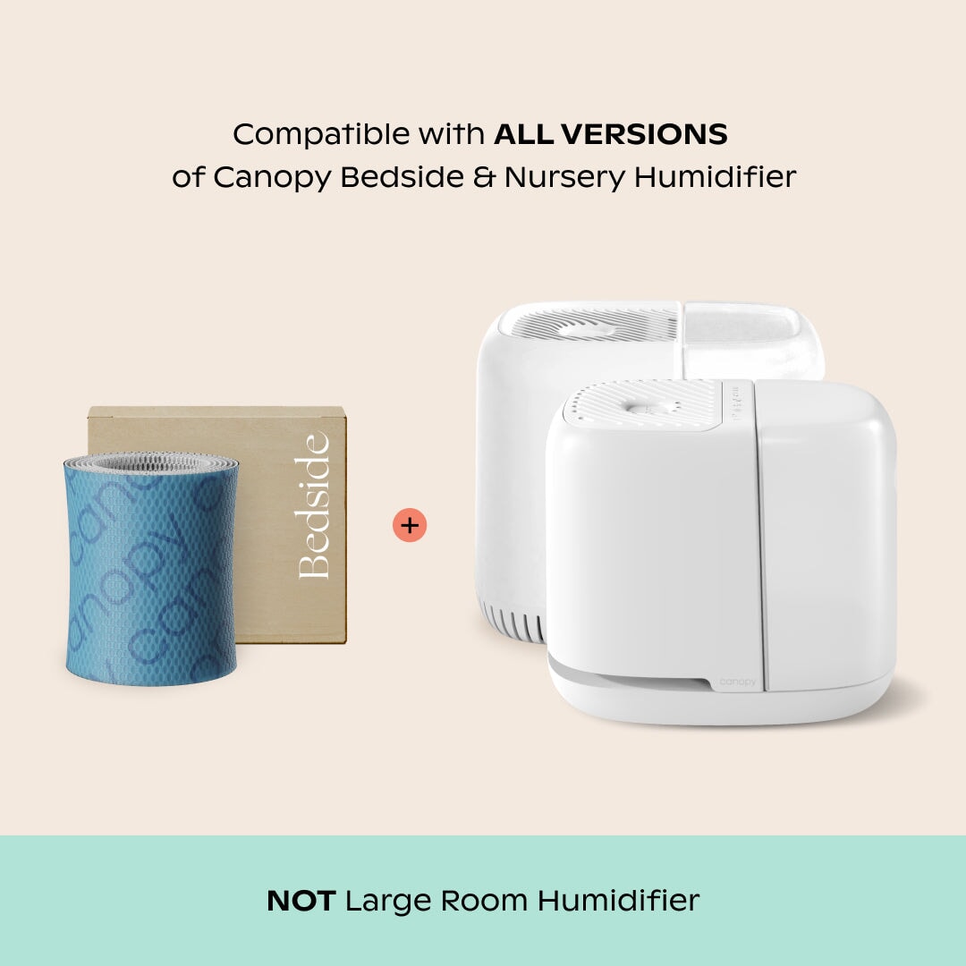 Bedside Humidifier Bundle Filter 2.0 3-Pack shown with blue antimicrobial filter alongside compatible white Canopy humidifier units on beige background, with compatibility notice and product distinction text below