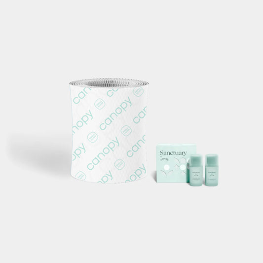 Bedside Humidifier Device Filter 2.0 & Aroma set featuring a blue textured filter roll alongside three Sanctuary aromatherapy bottles with mint-colored packaging boxes, arranged against a white background for optimal air purification and fragrance diffusion