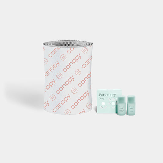 Large Room Humidifier Device Filter & Aroma featuring a premium white honeycomb-textured filter alongside three Sanctuary aroma pods with refill bottles for enhanced air moisture and aromatherapy benefits by Canopy