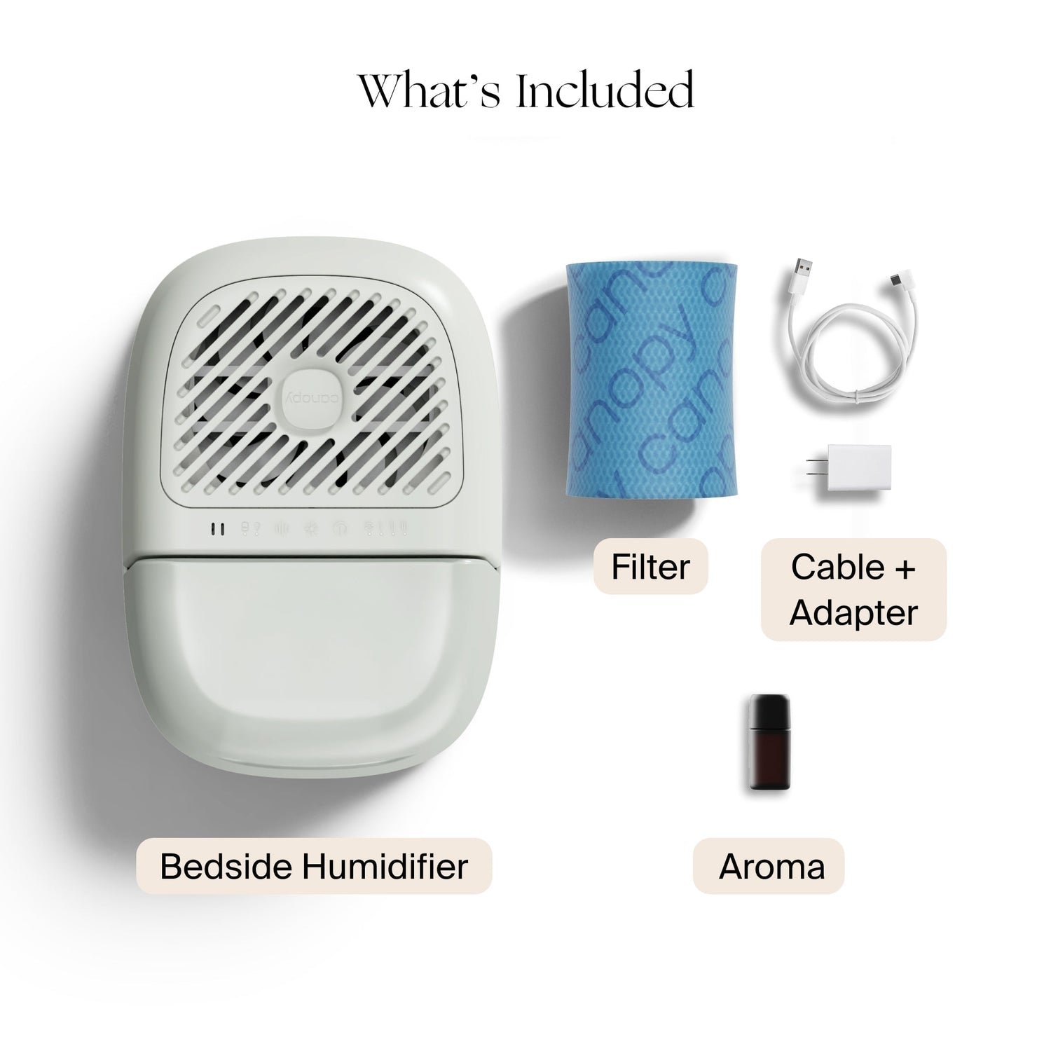 Bedside Humidifier 2.0 package contents displayed on white background, featuring compact white humidifier unit with diagonal vent pattern, blue replacement filter, USB cable with adapter, and aroma oil capsule - essential components for optimal bedroom humidity by Canopy