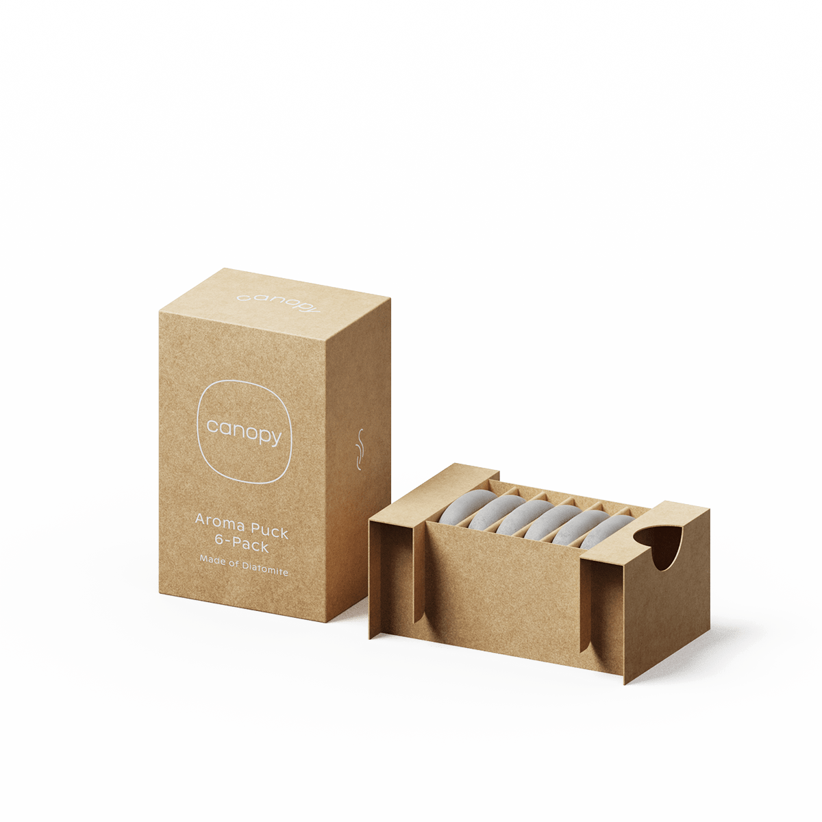 Aroma Stone 6-Pack displayed in eco-friendly kraft paper packaging, featuring a minimalist box design with six grey stone diffusers neatly arranged in a row, complete with Canopy branding and product information