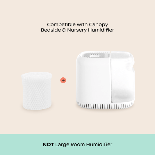 Bedside Humidifier Filter shown next to compatible Canopy humidifier unit in white, featuring cylindrical replacement filter with honeycomb texture pattern. Compact size designed specifically for bedside and nursery use, not for large rooms.