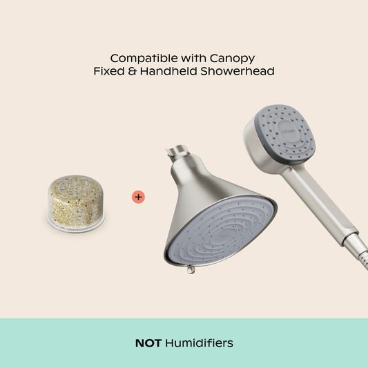 Replacement Handheld Duo Filter 2-Pack shown with compatible Canopy fixed and handheld showerheads, featuring clear filter cartridge and silver-finished shower fixtures. Not for use with humidifiers. By Canopy.