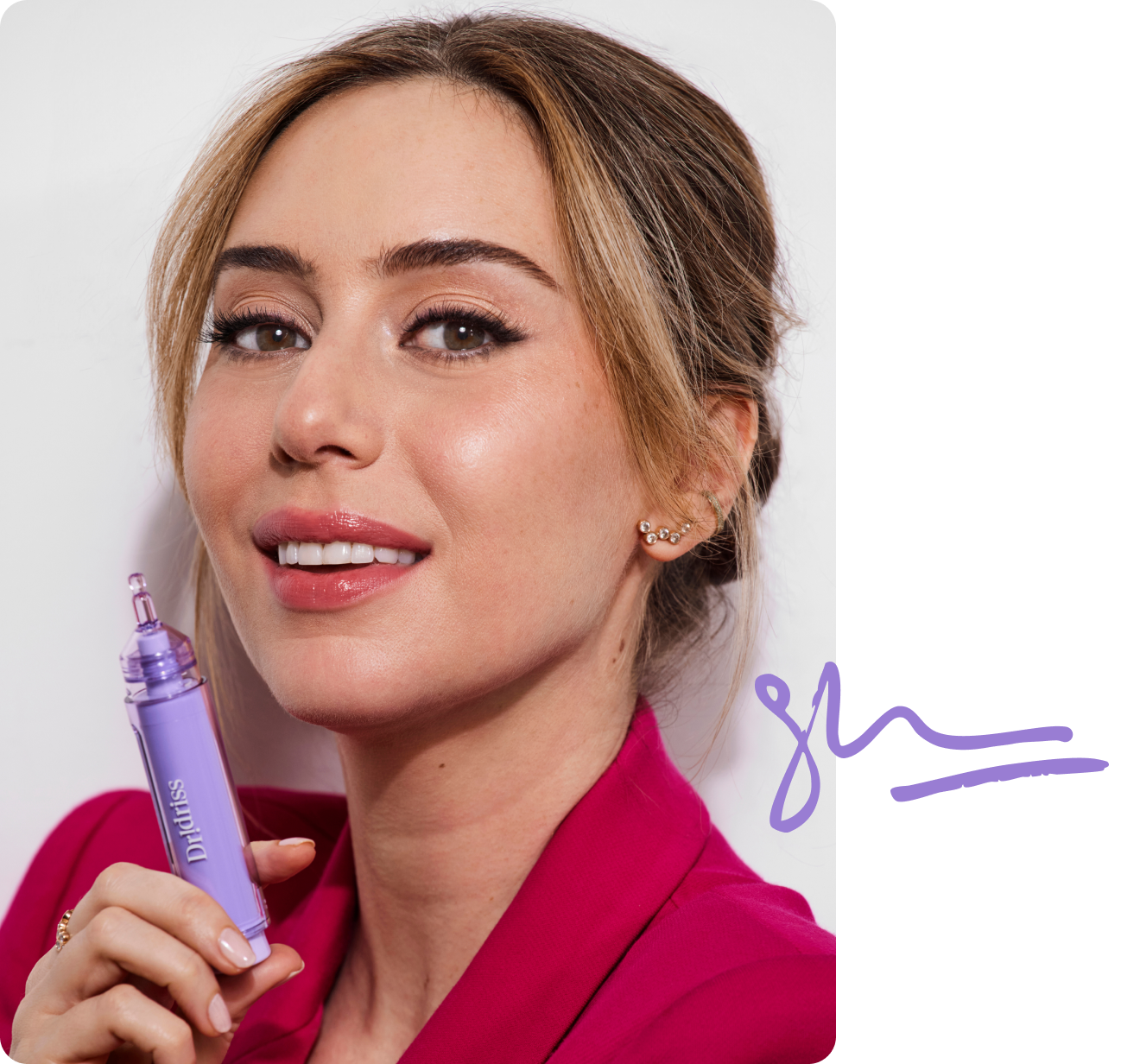 Headshot of board-certified dermatologist, Dr. Idriss next to her skincare products along with her signature on the bottom right