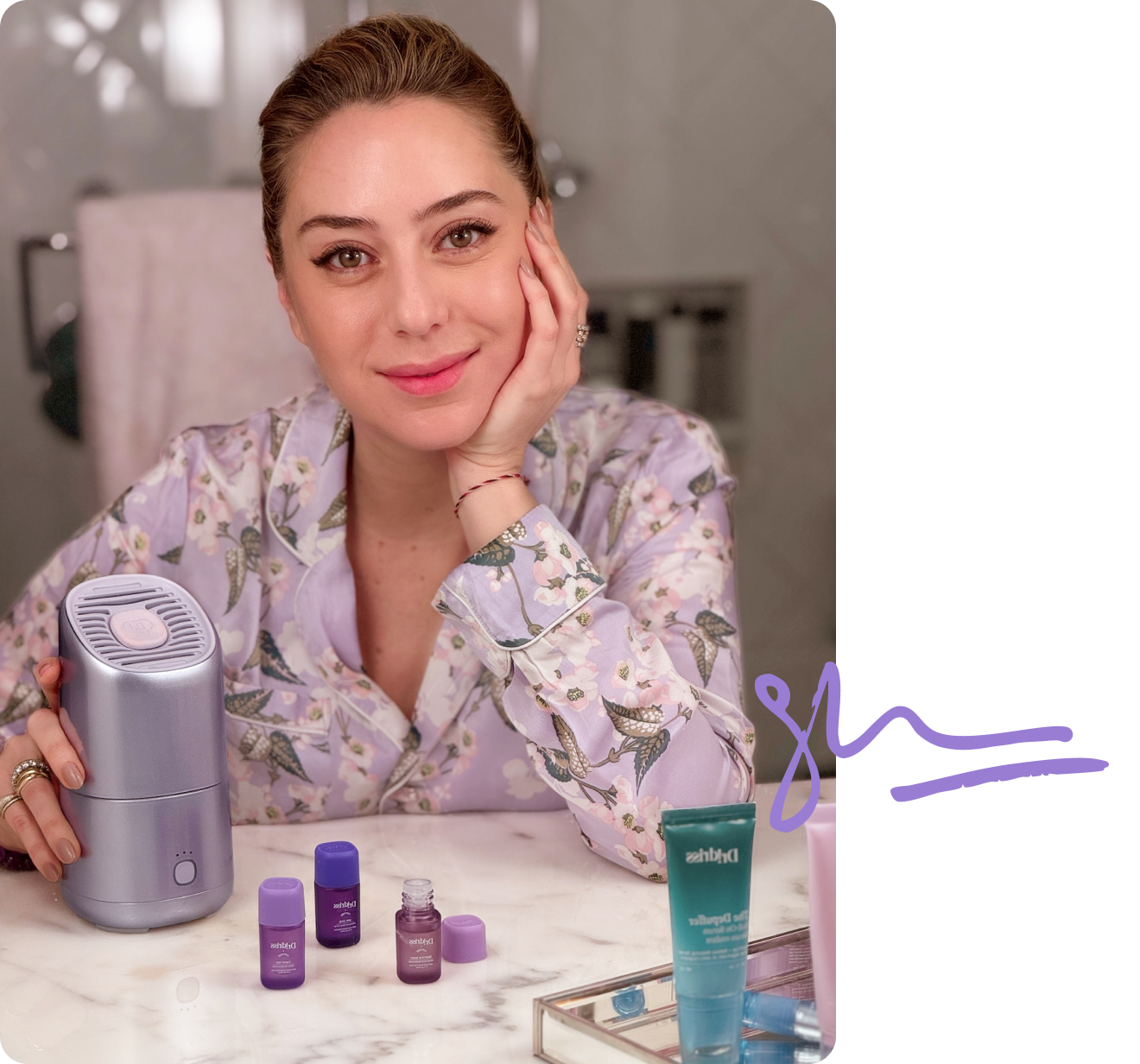 Headshot of board-certified dermatologist, Dr. Idriss next to her limited edition Dr. Idriss x Canopy Portable Humidifier along with her signature on the bottom right