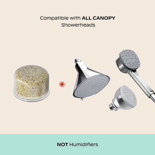 Replacement showerhead Filter shown with compatible Canopy fixed and handheld showerheads, featuring clear filter cartridge and silver-finished shower fixtures. Not for use with humidifiers. By Canopy.