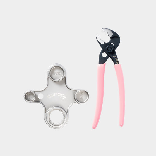 Pliers with pink handle and an aerator key