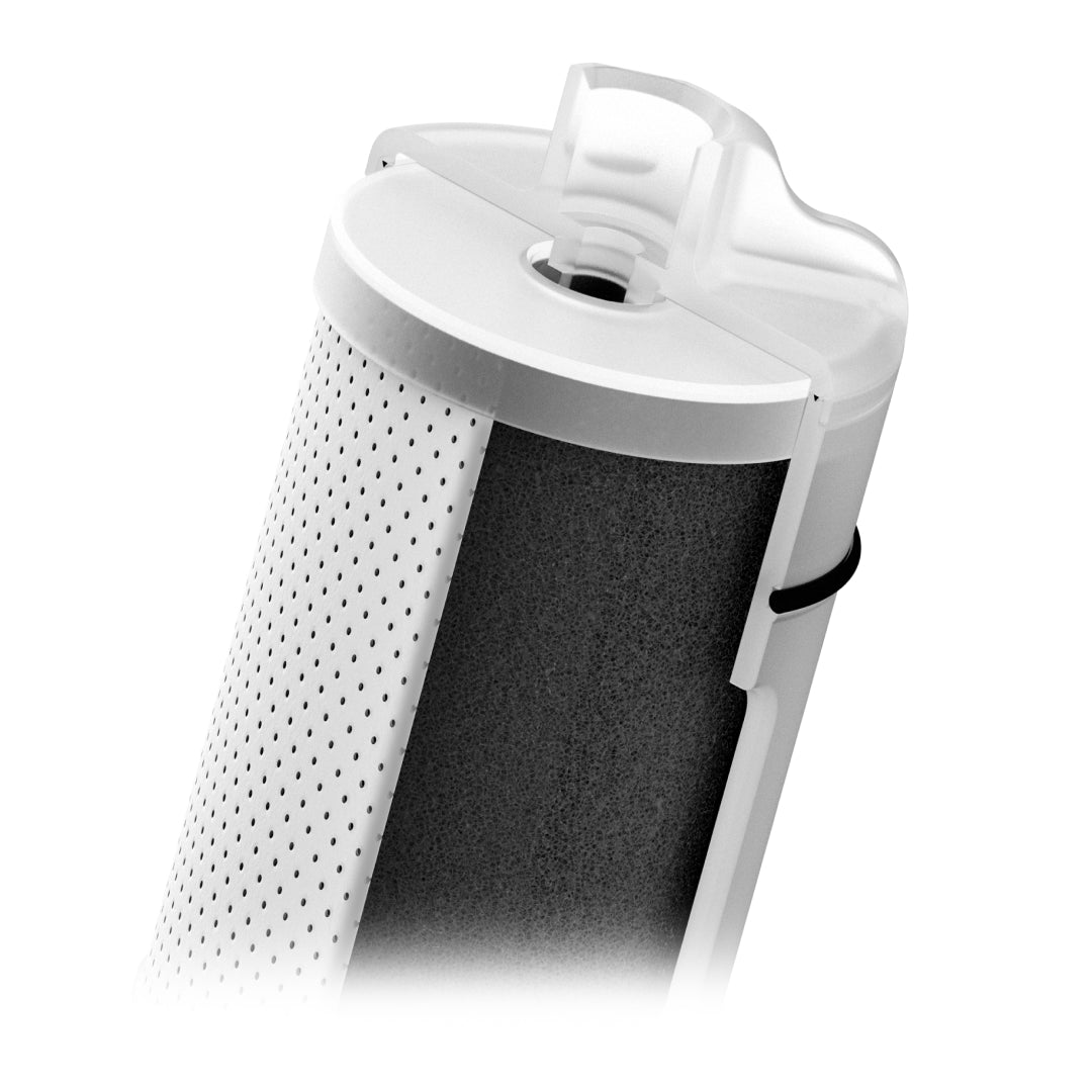 Faucet Filter Replacement Cartridge graphic showcasing the Micro Mesh and the Activated Carbon inside the filter