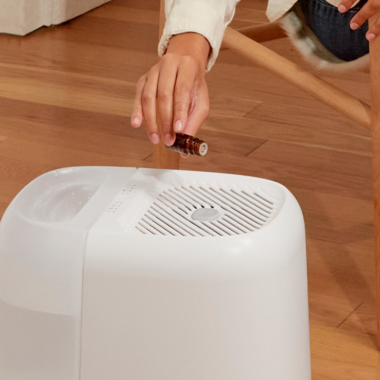 Large Room Humidifier | Lifestyle, Woman dripping Canopy Aroma onto Humidifier Plus Aroma Puck
