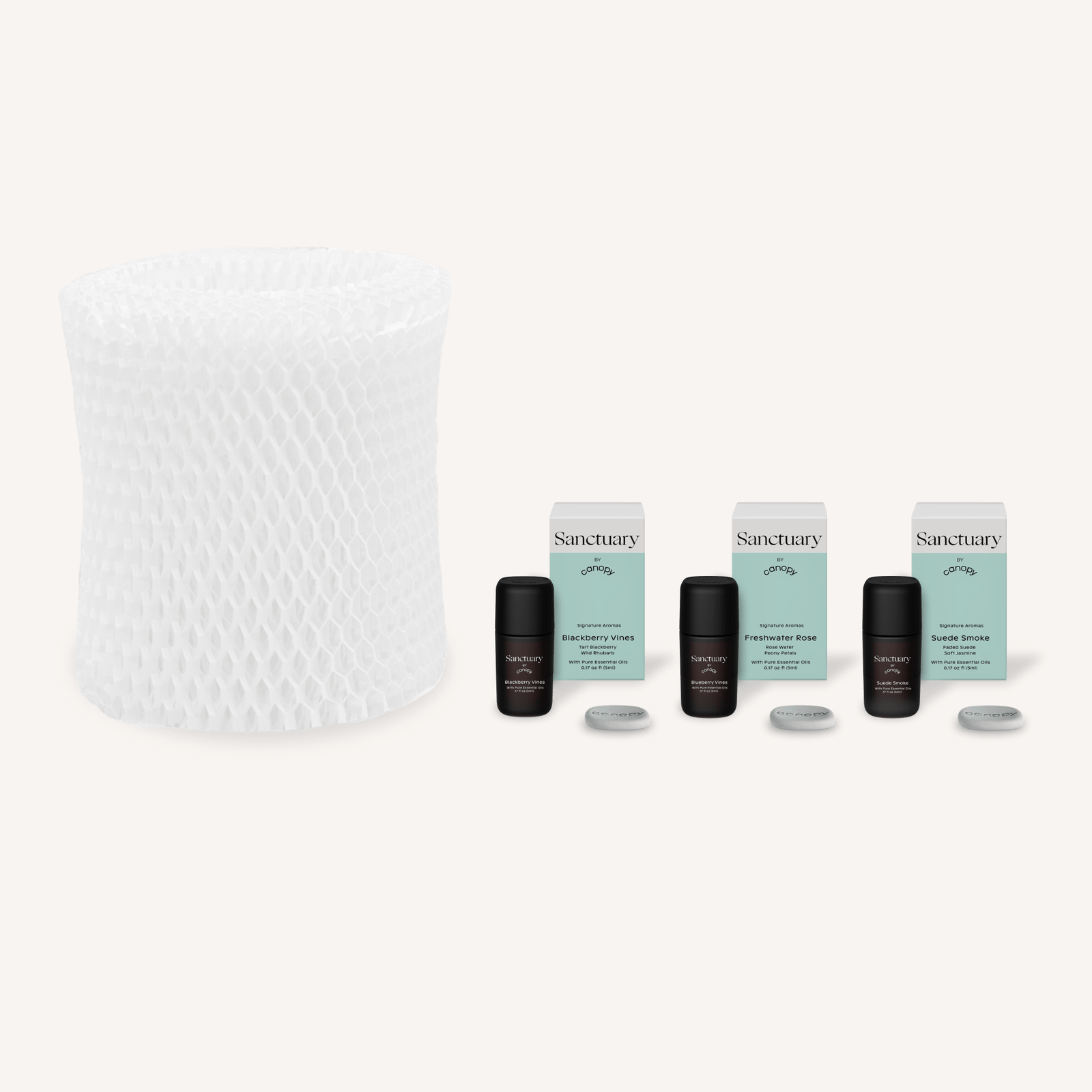 Large Room Humidifier Device Filter & Aroma featuring a premium white honeycomb-textured filter alongside three Sanctuary aroma pods with refill bottles for enhanced air moisture and aromatherapy benefits by Canopy