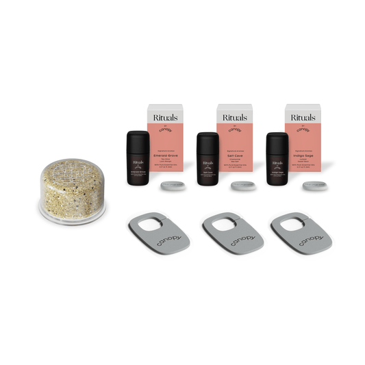 Handheld Showerhead Sub Rituals Aroma Kit and Filter set featuring 3 aromatherapy pods, crystal mineral filter, and 3 grey metal shower attachments for an enhanced shower experience. By Canopy