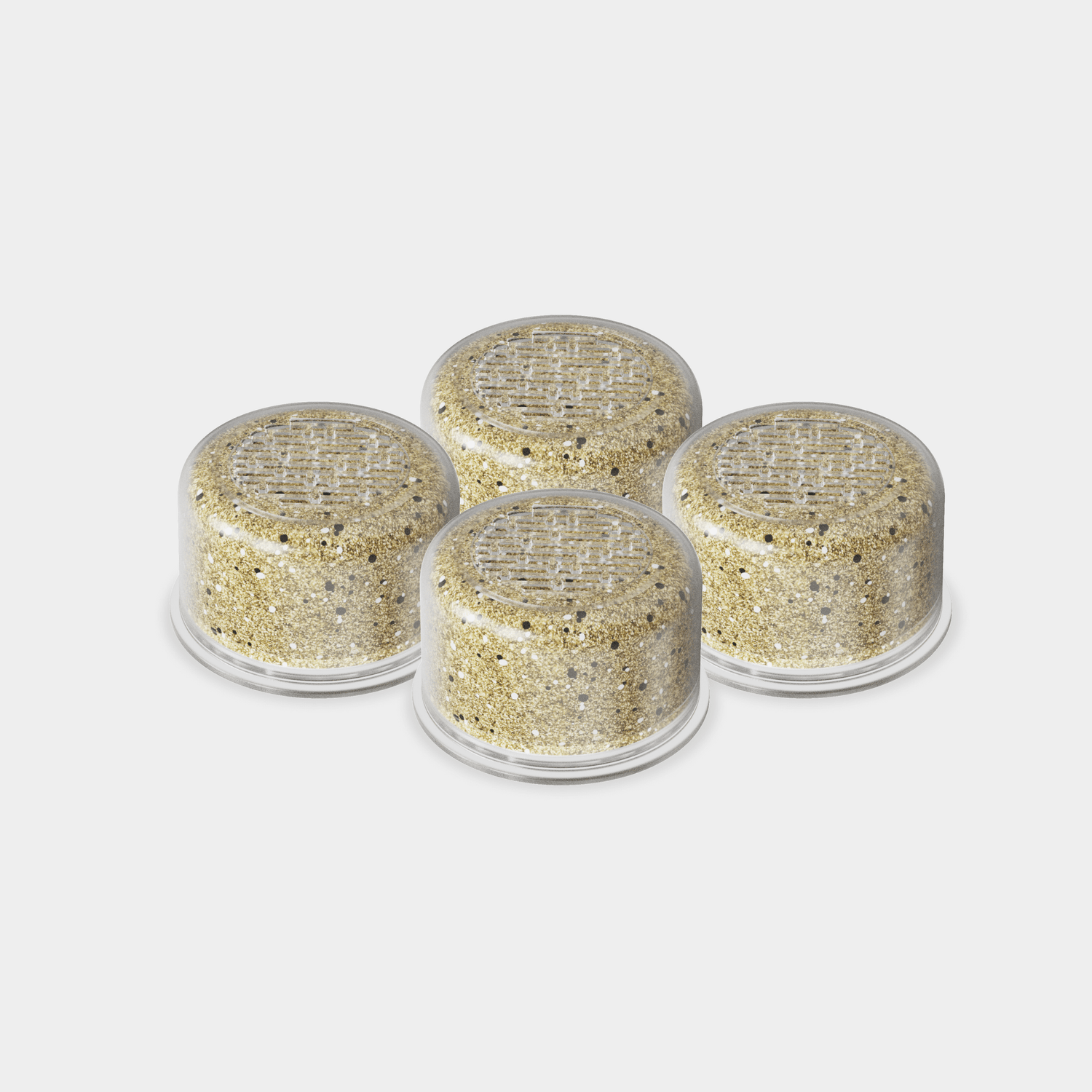 Showerhead Filter Bundle featuring 4 premium cylindrical water filtration cartridges in beige with natural mineral particles, designed to remove impurities and enhance water quality for a spa-like shower experience - by Canopy