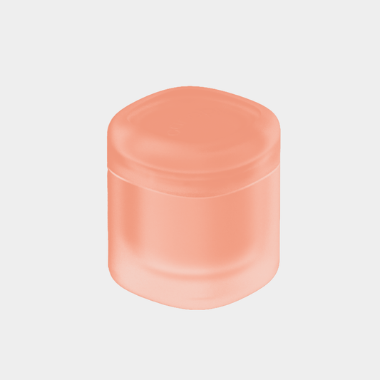 Travel Containers: Sleek coral-colored cylindrical container with frosted finish, perfect for storing travel-sized toiletries and beauty products. Features a secure twist-top lid and compact design for easy packing. By Canopy