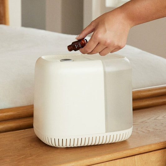 Adding essential oil drops to a white ceramic Aroma Stone 3-Pack diffuser, featuring a modern minimalist design with ventilation slots at the base, placed on wooden surface against a bright interior setting.