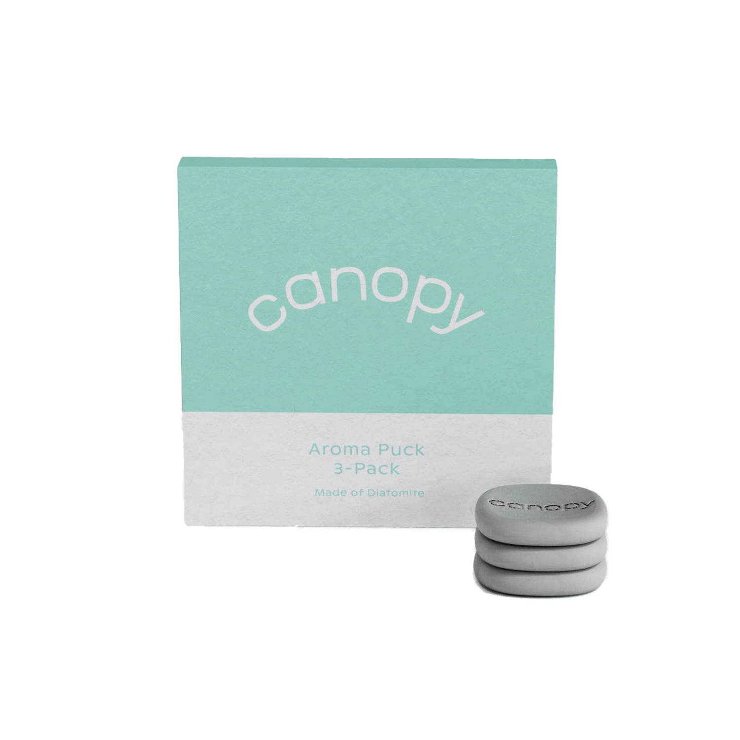 Aroma Stone 3-Pack by Canopy featuring three gray circular diffuser stones displayed beside mint green and white product packaging for essential oil aromatherapy use