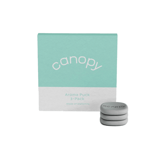 Aroma Stone 3-Pack by Canopy featuring three gray circular diffuser stones displayed beside mint green and white product packaging for essential oil aromatherapy use
