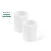 Bedside Humidifier Filter 2-Pack: Two cylindrical white antimicrobial replacement filters with honeycomb texture pattern, designed for efficient water filtration and evaporation. Text bubble indicates compatibility with Bedside Humidifier model.