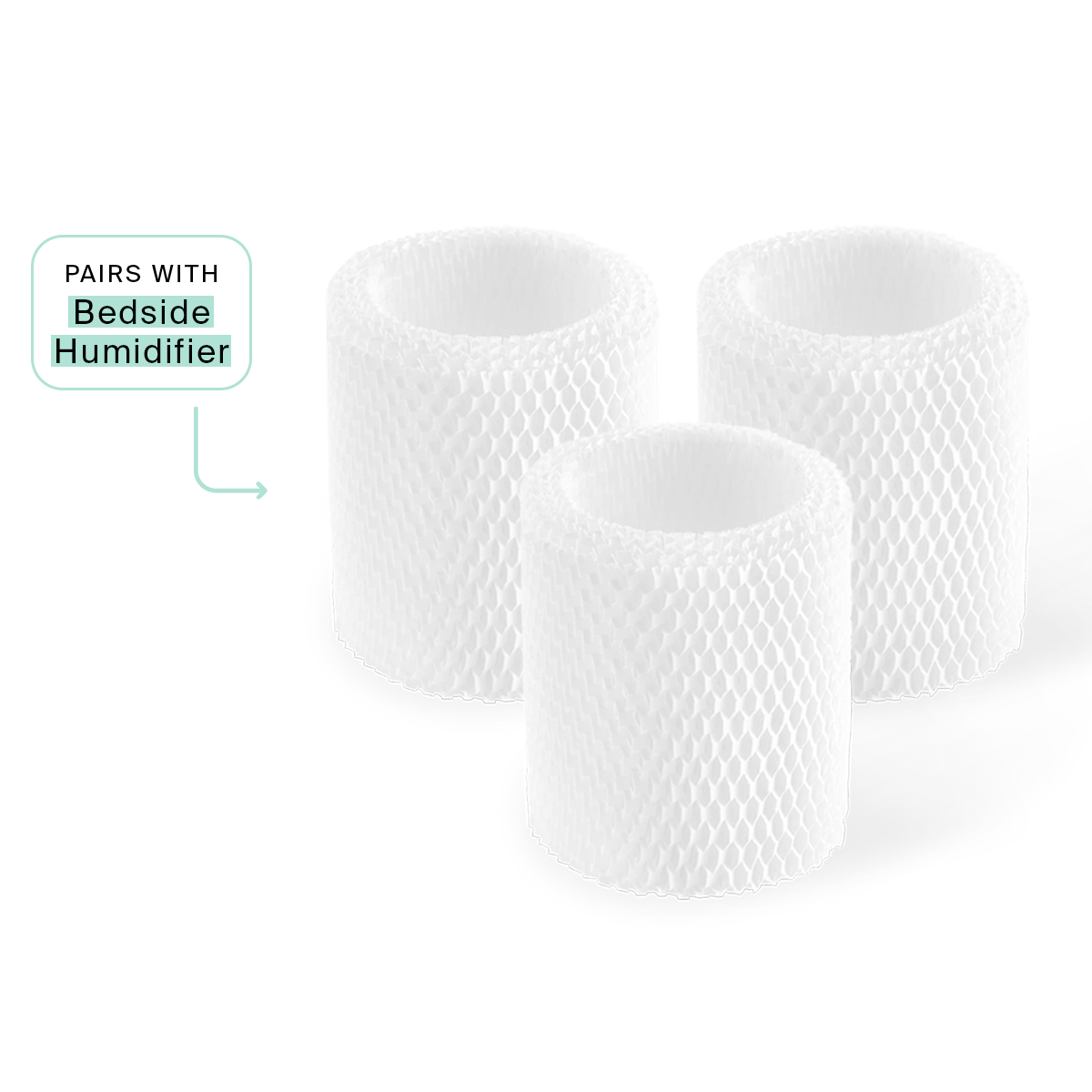 Three white cylindrical Bedside Humidifier Filters with mesh-like texture arranged in a group, showing their antimicrobial design. A small label indicates compatibility with Bedside Humidifier model.