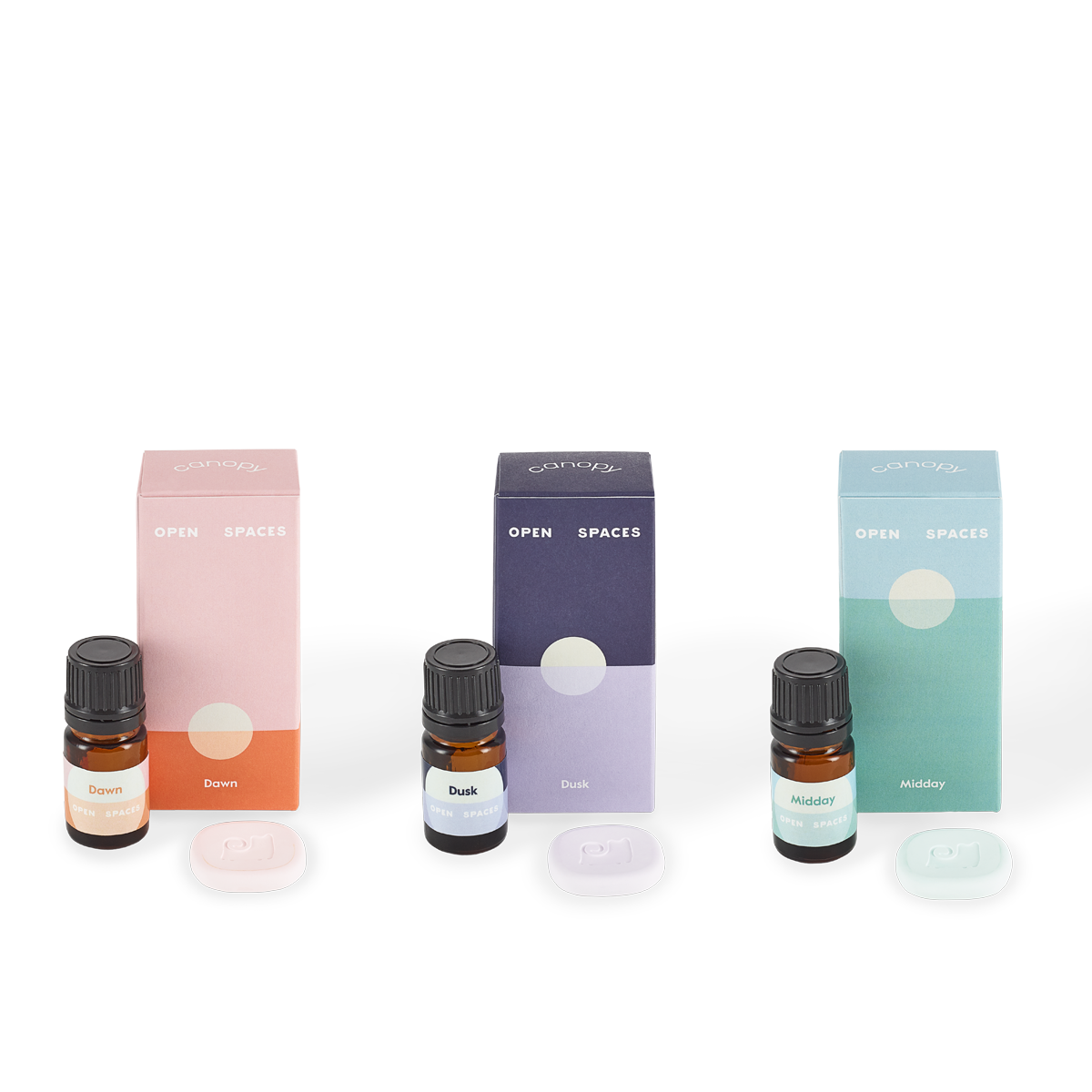 Diffuser Aroma + Well Subscription featuring three essential oil bottles with matching colored boxes in pink, navy, and mint green, alongside ceramic diffuser accessories for natural home fragrance by Canopy