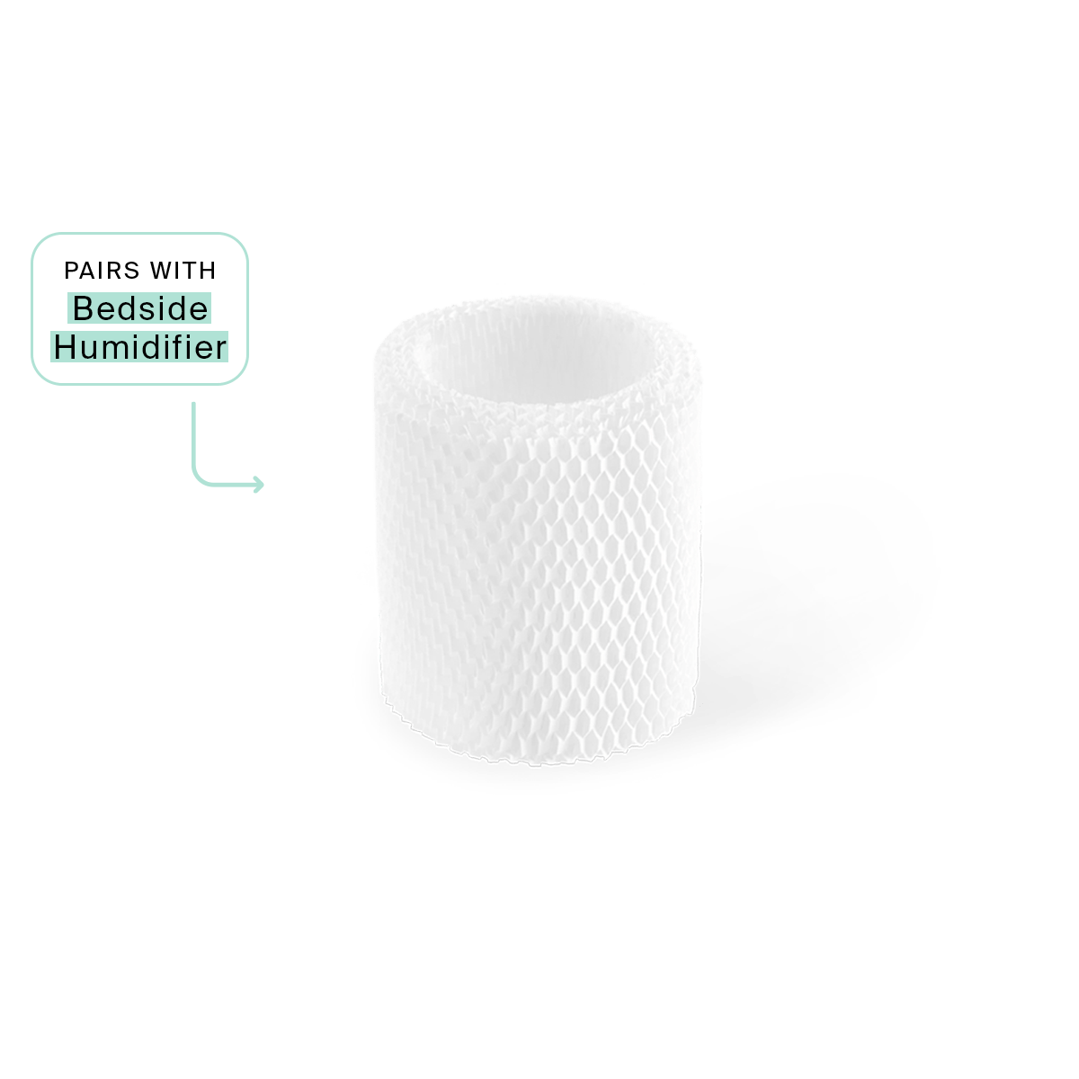 Bedside Humidifier Filter Subscription: White cylindrical antimicrobial filter with diamond mesh pattern texture, made from wood pulp for efficient water filtration and evaporation. Compatible with Canopy Bedside Humidifier, shown with pairing indicator label.
