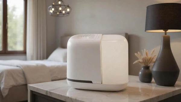 White Canopy Bedside Humidifier 2.0 on bedroom table next to modern black lamp