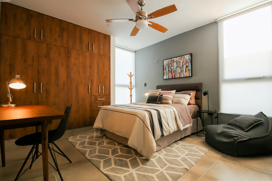 Modern bedroom with ceiling fan