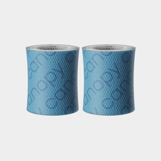 Bedside Humidifier Duo Filter 2.0 2-Pack featuring two cylindrical blue filters with textured circular pattern design and white mesh tops, designed for efficient water filtration and bacteria removal in Canopy humidifiers