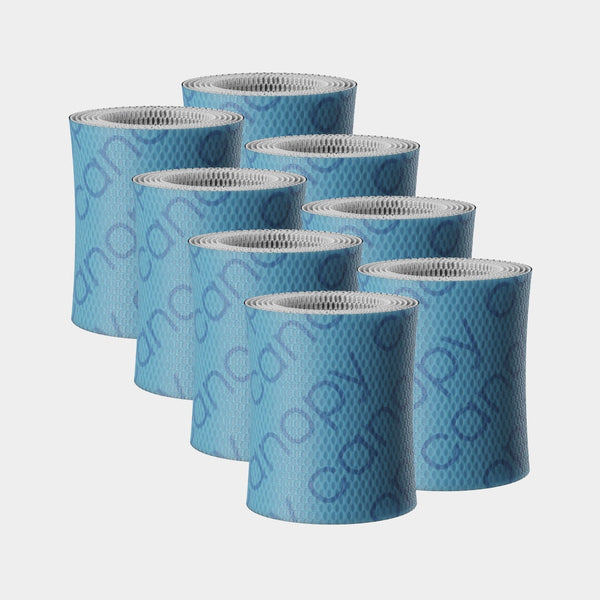 Bedside Humidifier Filter 2.0 Bundle featuring eight cylindrical blue paper-based filters with textured honeycomb pattern and white trim, arranged in two rows showing their antimicrobial design for optimal air purification