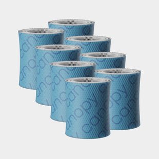 Bedside Humidifier Filter 2.0 Bundle featuring eight cylindrical blue paper-based filters with textured honeycomb pattern and white trim, arranged in two rows showing their antimicrobial design for optimal air purification