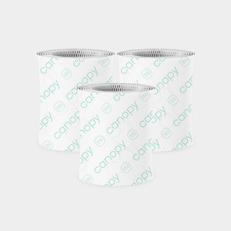 Three cylindrical Bedside Humidifier Bundle Filter 2.0 replacement filters in light blue with textured antimicrobial surface pattern and silver mesh tops, arranged in a triangular formation against a white background.