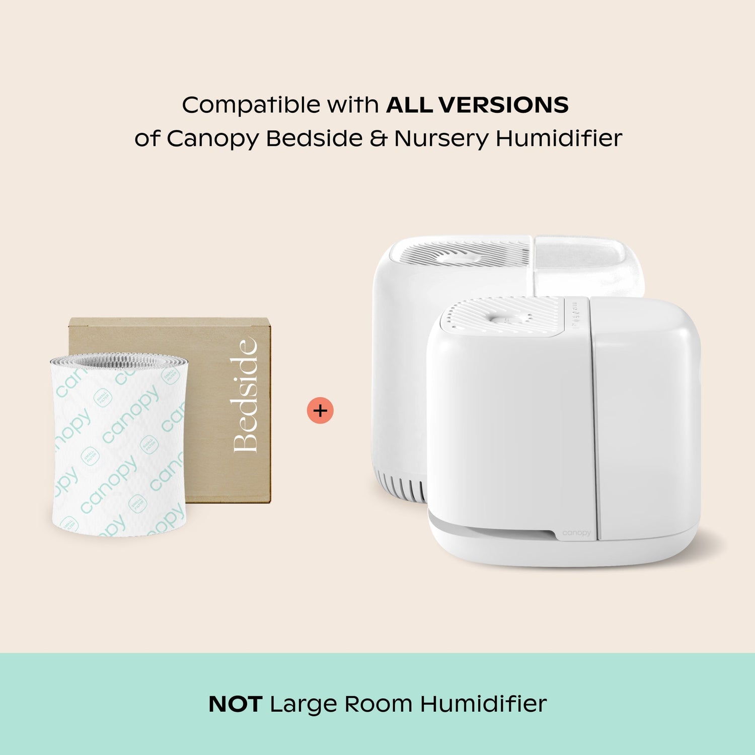 Bedside Humidifier Bundle Filter 2.0 3-Pack shown with blue antimicrobial filter alongside compatible white Canopy humidifier units on beige background, with compatibility notice and product distinction text below
