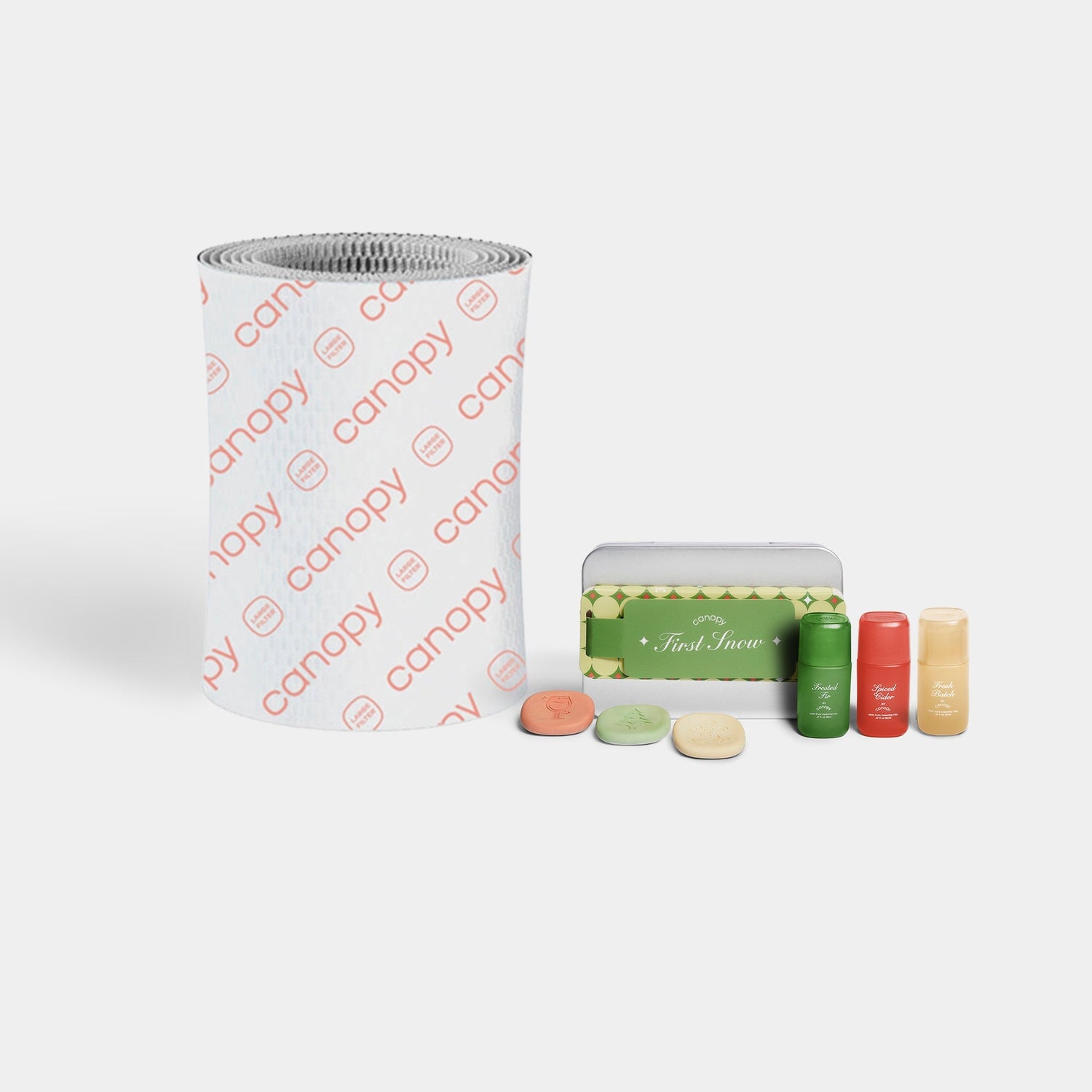 Large Room Humidifier Device Filter & Aroma featuring a premium white honeycomb-textured filter alongside three Sanctuary aroma pods with refill bottles for enhanced air moisture and aromatherapy benefits by Canopy