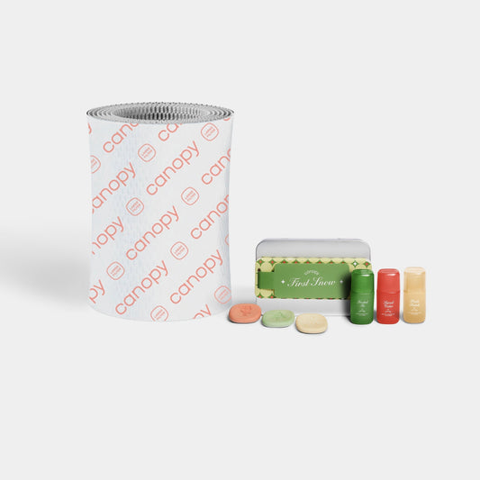 Large Room Humidifier Device Filter & Aroma featuring a premium white honeycomb-textured filter alongside three Sanctuary aroma pods with refill bottles for enhanced air moisture and aromatherapy benefits by Canopy