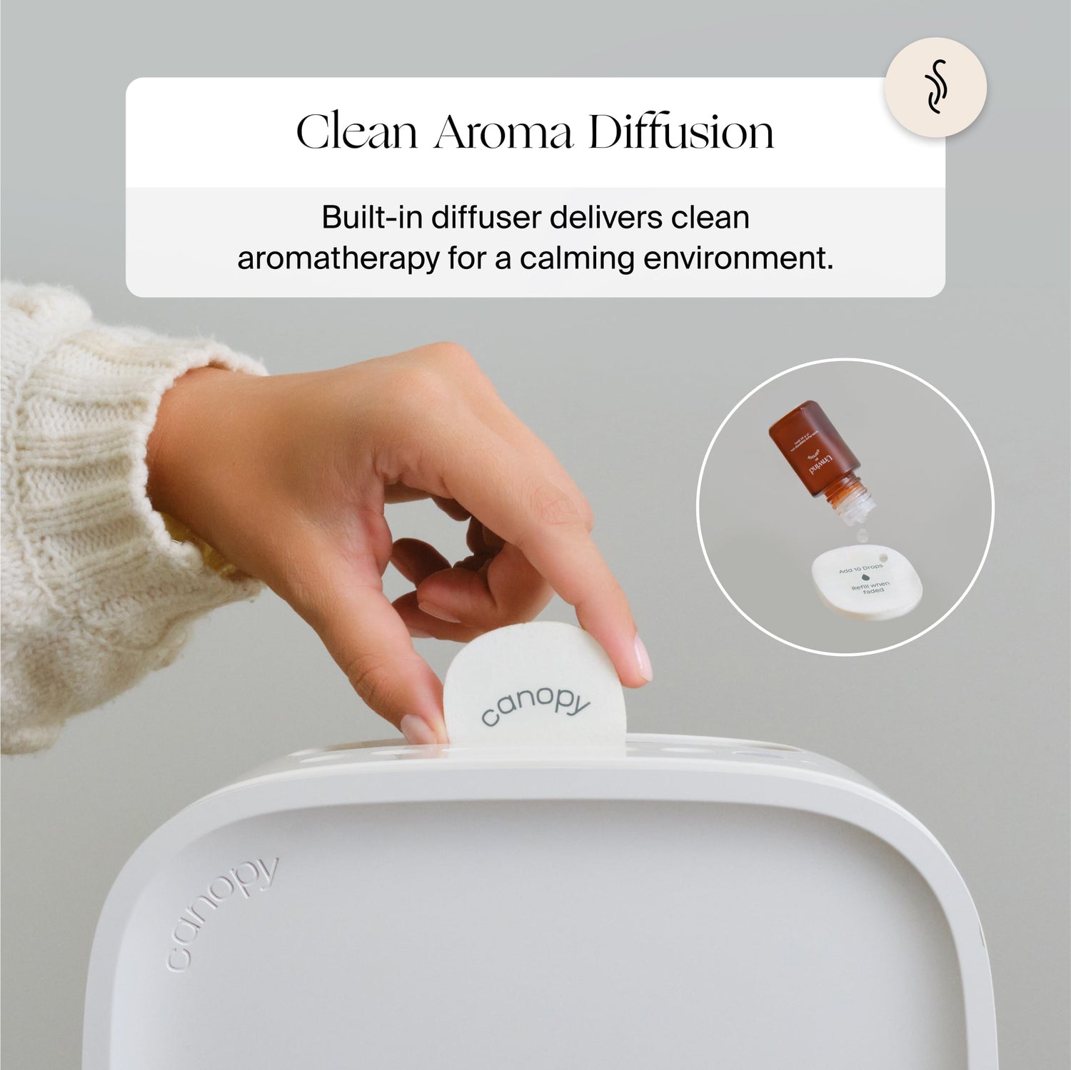 Bedside Air Purifier | Lifestyle, clean aroma diffusion: built-in diffuser delivers clean aromatherapy for a calming environment. Photo of a hand placing a felt diffuser in the air purifier, featuring text about clean aroma diffusion.