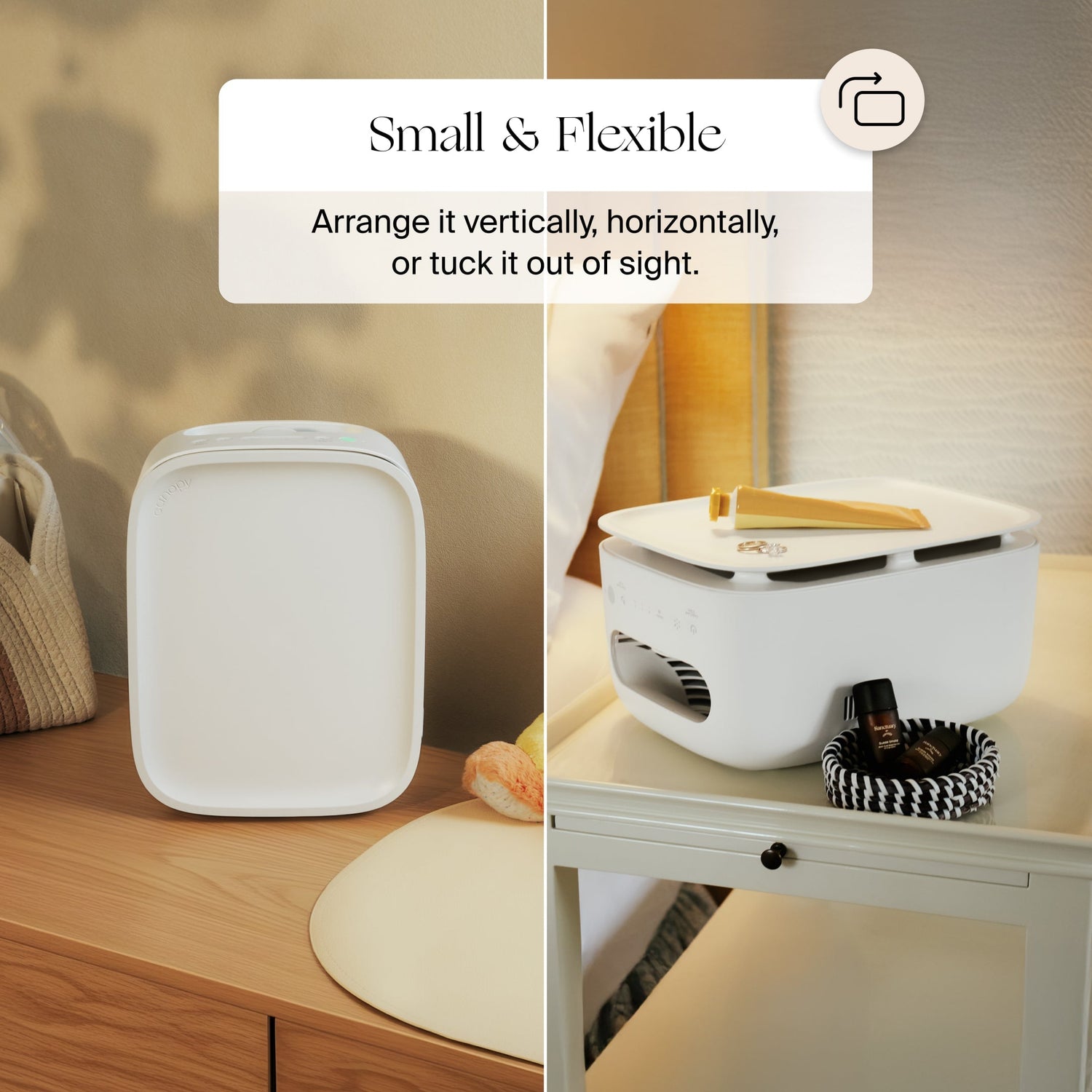 Bedside Air Purifier | Lifestyle, small & flexible: arrange it vertically, horizontally, or tuck it out of sight. Photos of small white container with a lid on a wooden surface, shown from different angles.