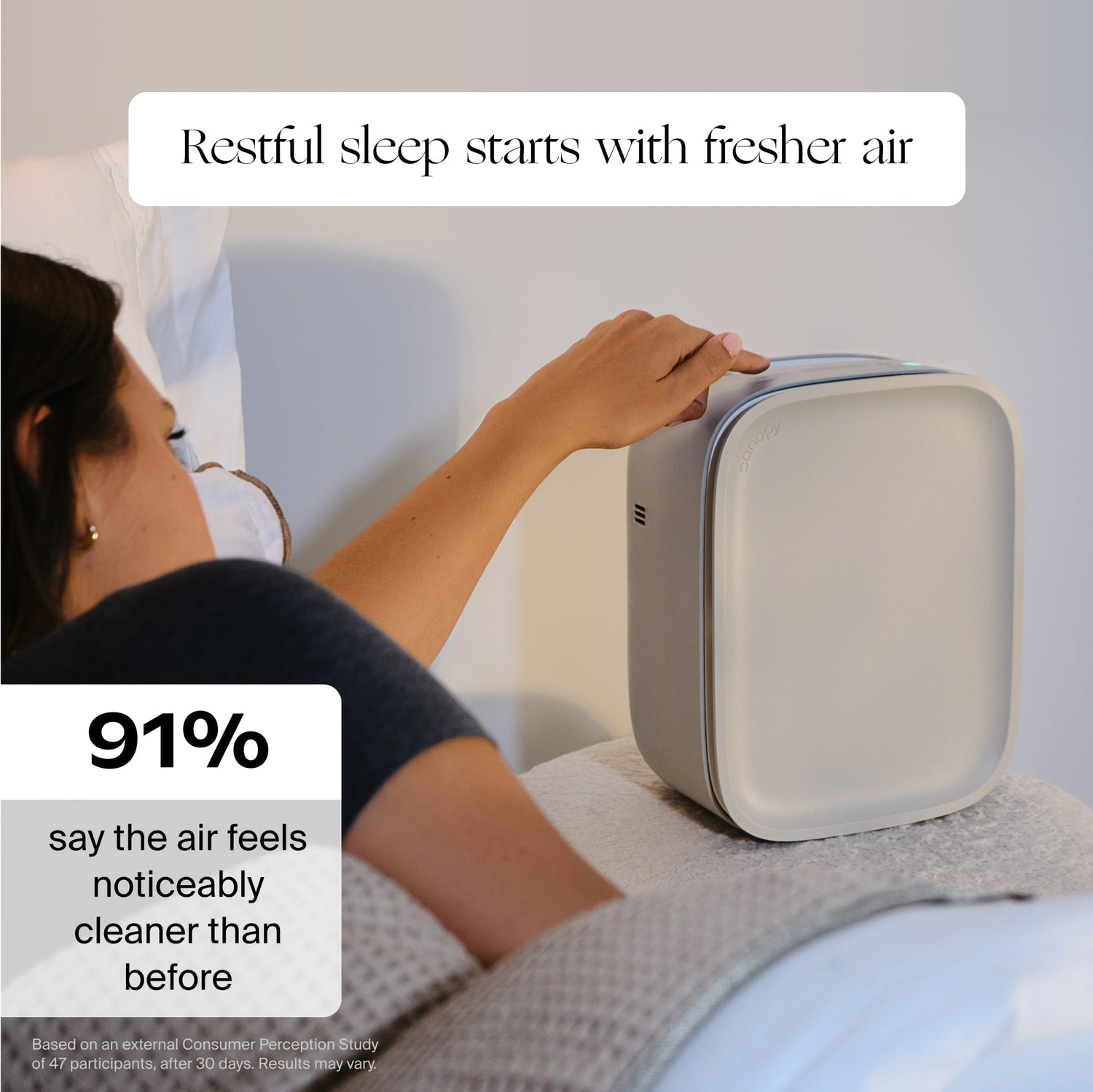 Bedside Air Purifier | Lifestyle, Restful sleep starts with fresher air, 91% say the air feels noticeably cleaner than before* Based on an external Consumer Perception Study of 47 participants, after 30 days. Results may vary. Photo of a person using a portable air purifier with text about cleaner air
