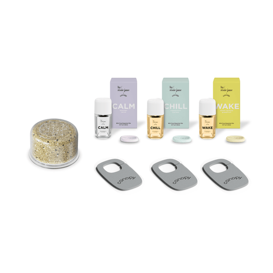 Showerhead Sub by/rosie jane Aroma Kit featuring three essential oil blends - Calm, Chill, and Wake - with matching tablets, filter replacement, and three gray metal shower attachments by Canopy