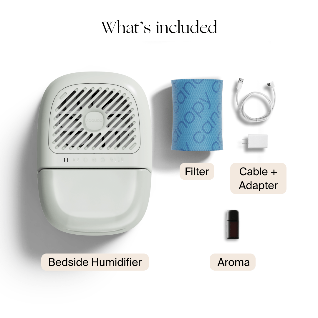 Bedside Humidifier 2.0 package contents displayed on white background, featuring compact white humidifier unit with diagonal vent pattern, blue replacement filter, USB cable with adapter, and aroma oil capsule - essential components for optimal bedroom humidity by Canopy