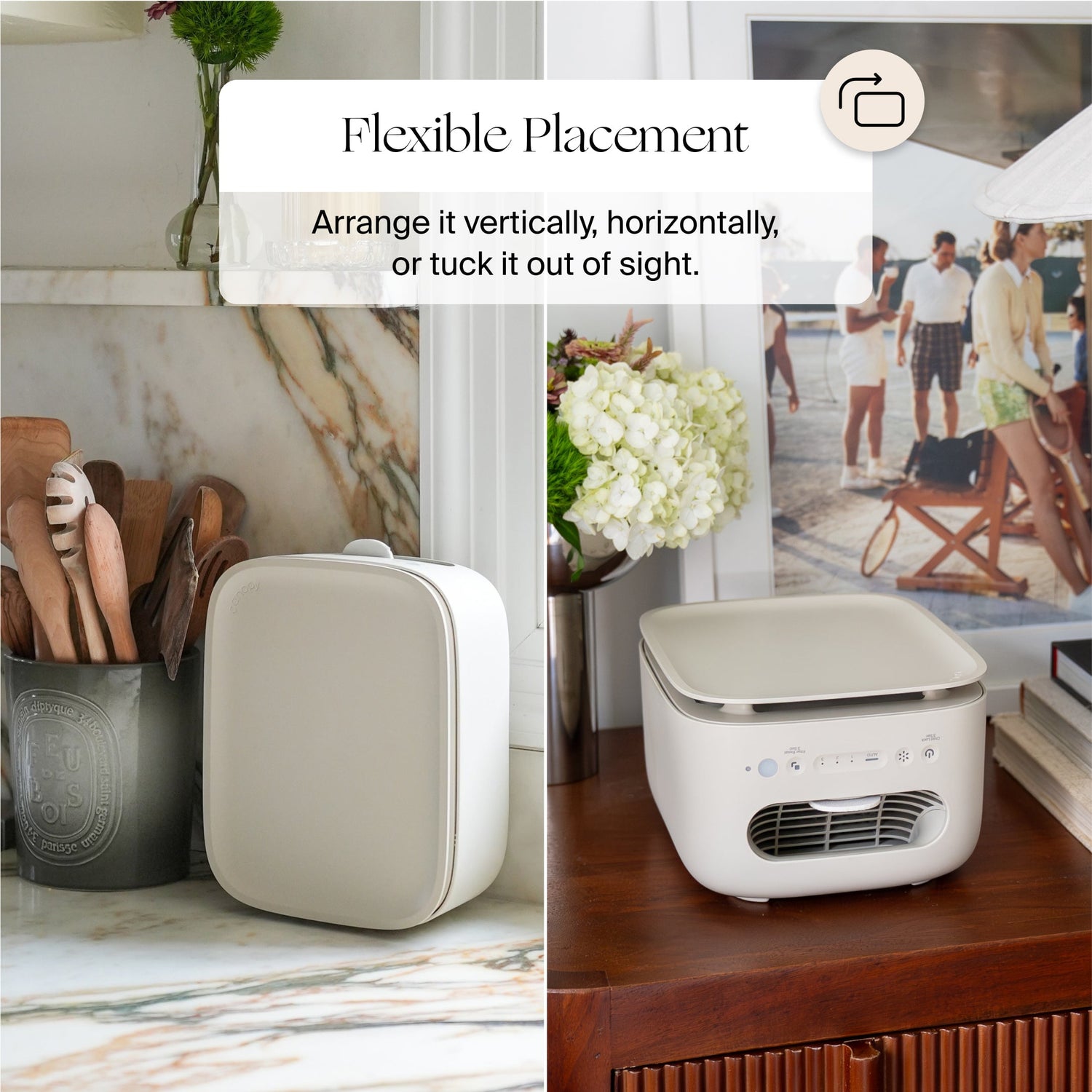 Clara Peirce x Canopy Air Purifier | Lifestyle, flexible placement: arrange it vertically, horizontally, or tuck it out of sight; White air purifier shown in various settings with text on flexible placement.