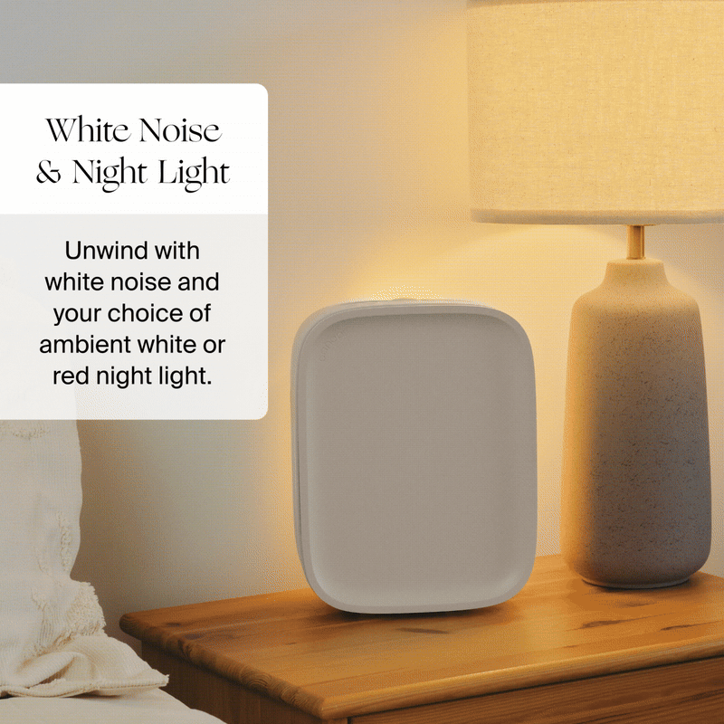 Bedside Air Purifier | Lifestyle, white noise & night light; unwind with white noise and your choice of ambient white or red night light