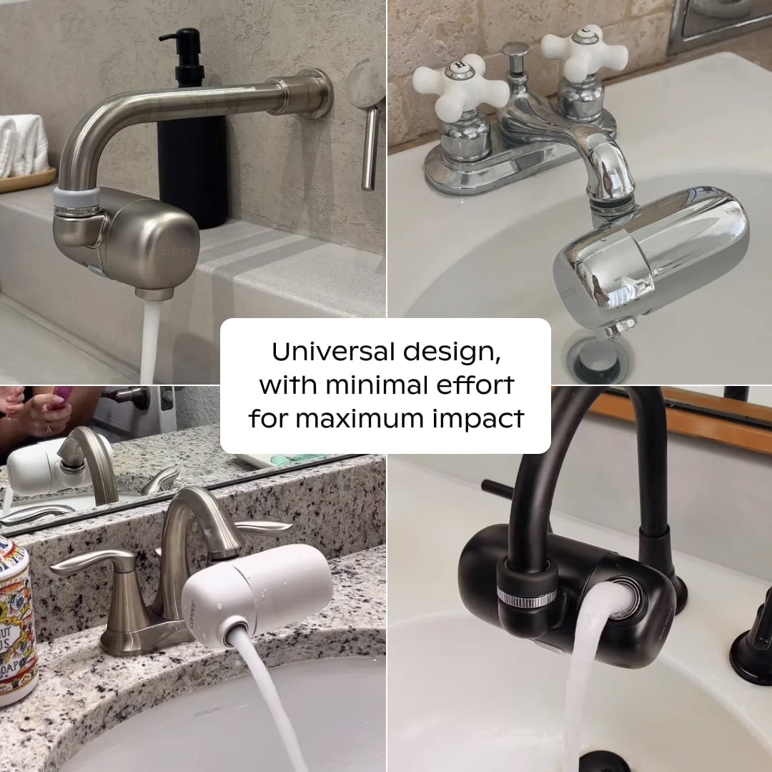 Faucet Filter | Lifestyle, universal design of the Faucet Filter with minimal effort for maximum impact; four separate images showing how the Faucet Filter fits on different types of sinks