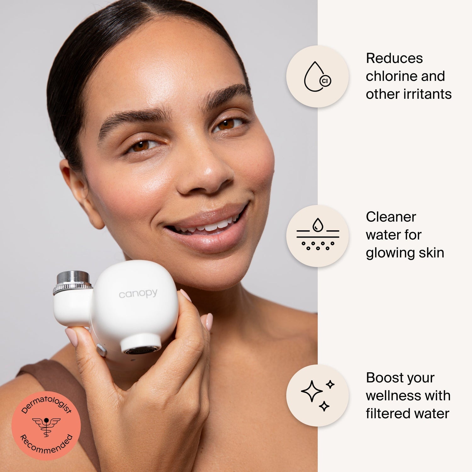 Faucet Filter | Lifestyle, Canopy Faucet Filter shown with benefits: chlorine reduction, improved hydration, and wellness support for better skin health