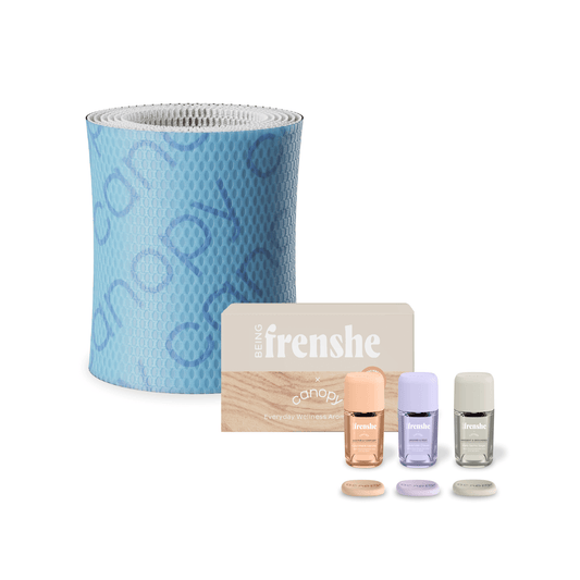 Being Frenshe Aroma Kit featuring a light blue textured filter alongside three fragrance bottles in peach, lavender, and sage colors with matching scent pods, paired with a 2.0 filter subscription for enhanced aromatherapy experience.