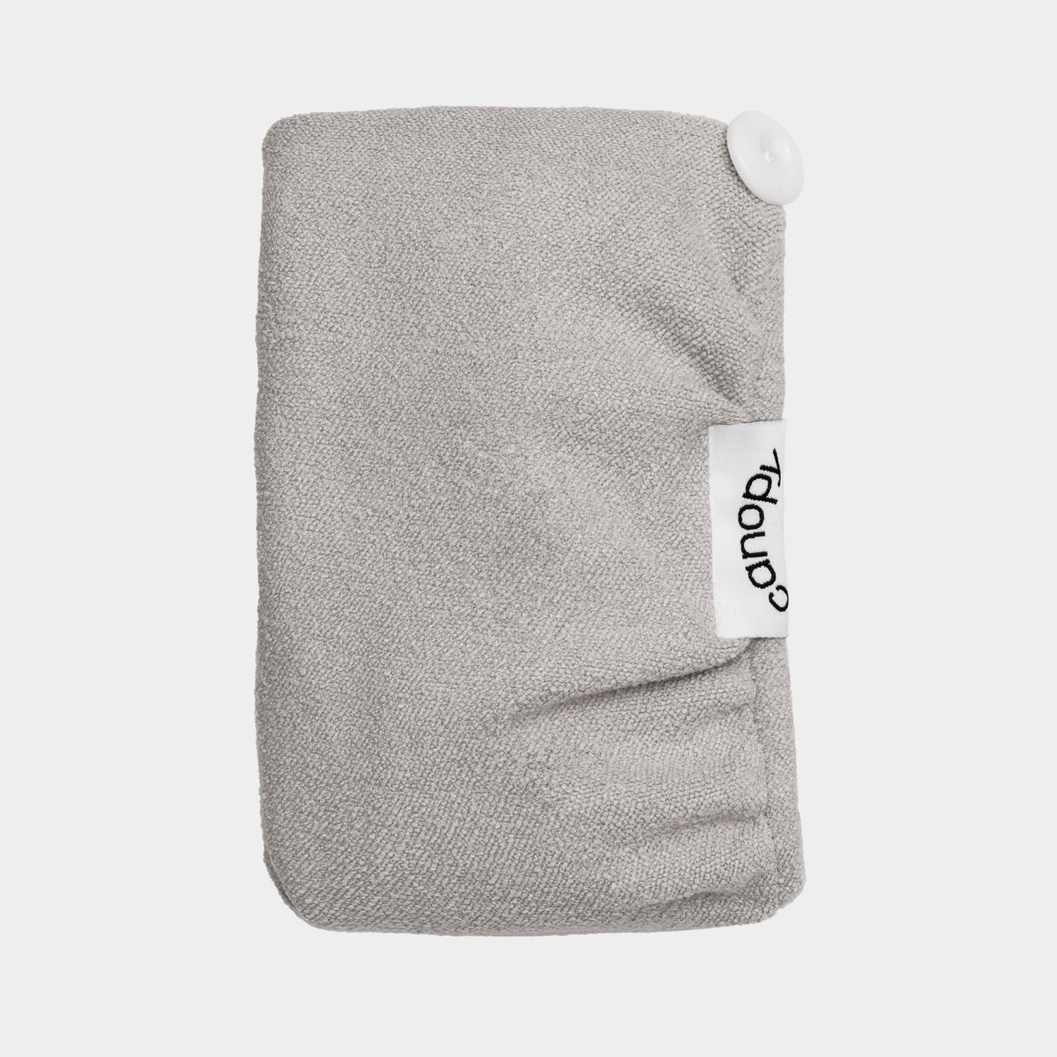 Hair Towel | Grey, with logo and white button on the side to help hold hair