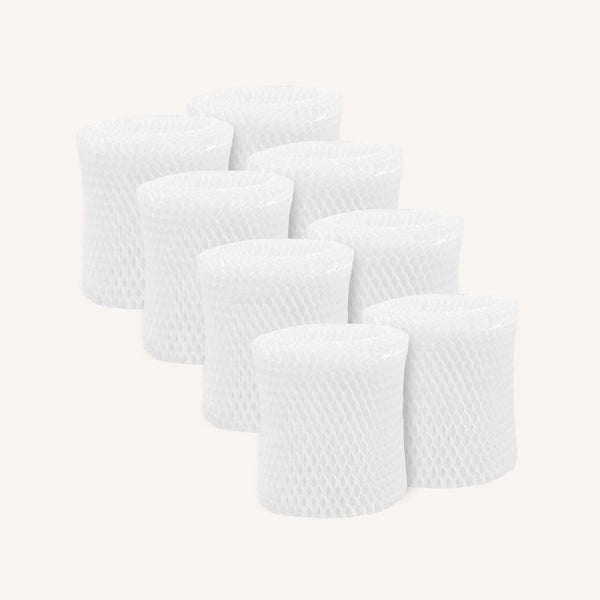 Bedside Humidifier Filter Bundle featuring 8 white cylindrical paper-based filters arranged in a diagonal line, showing honeycomb texture pattern and designed for Canopy Humidifier to remove bacteria and particles from water.