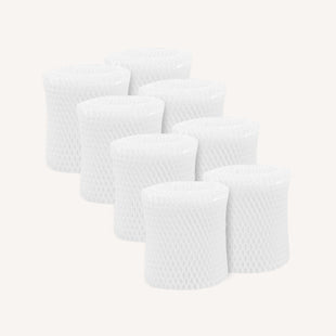 Bedside Humidifier Filter Bundle featuring 8 white cylindrical paper-based filters arranged in a diagonal line, showing honeycomb texture pattern and designed for Canopy Humidifier to remove bacteria and particles from water.
