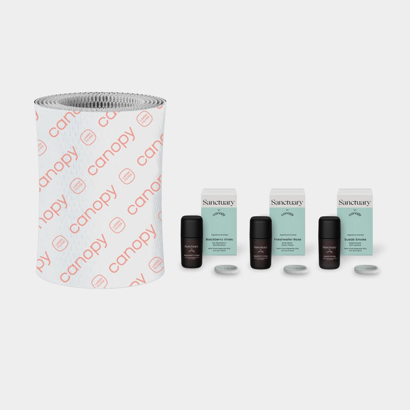 Large Room Humidifier Device Filter & Aroma featuring a premium white honeycomb-textured filter alongside three Sanctuary aroma pods with refill bottles for enhanced air moisture and aromatherapy benefits by Canopy
