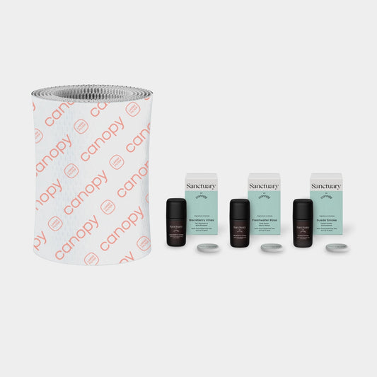 Large Room Humidifier Device Filter & Aroma featuring a premium white honeycomb-textured filter alongside three Sanctuary aroma pods with refill bottles for enhanced air moisture and aromatherapy benefits by Canopy