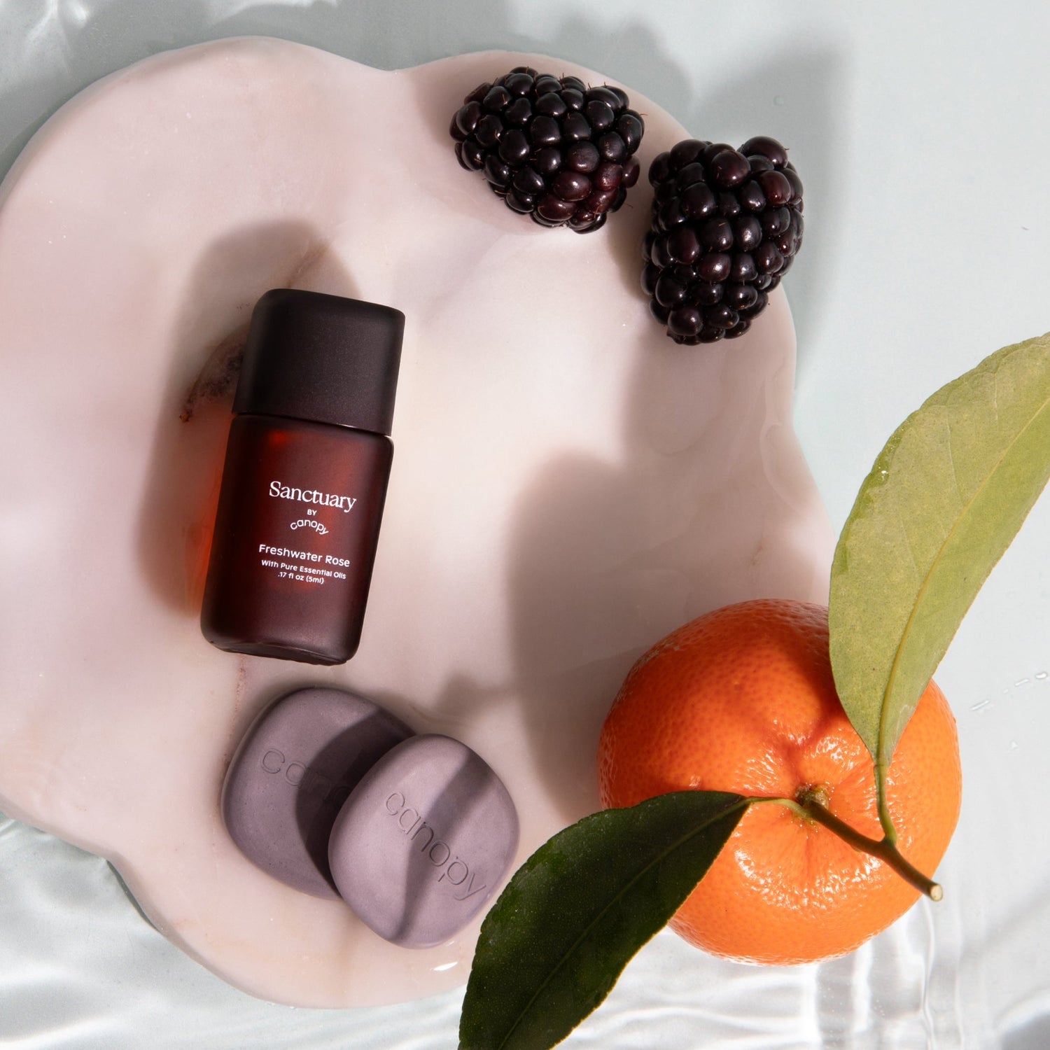 Freshwater Rose Aroma | Lifestyle, Aroma Bottle pictures with with blackberries and an orange on a white background