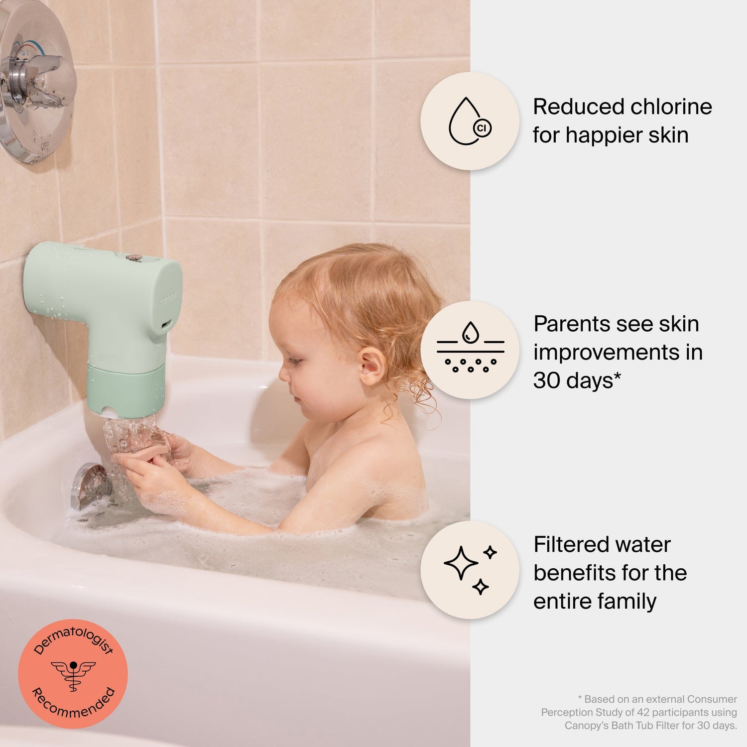 Baby Bath Tub Filter | Lifestyle, Reduced chlorine for happier skin, parents see skin improvements in 30 days, filtered water benefits for the entire family